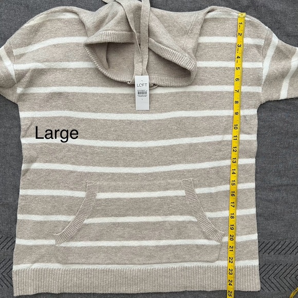 NWT Loft Striped Drawstring Neck Pocket Sweater Stone Heather - Picture 13 of 15